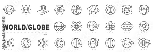 Globe icon set for web, global network, data communication. Editable stroke