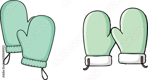 Two pairs of light green mittens with white fur trim lying next to each other on a white surface, suggesting warmth and winter comfort.