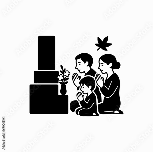 Family Visiting Grave Silhouette – Japanese Autumn Equinox Tradition