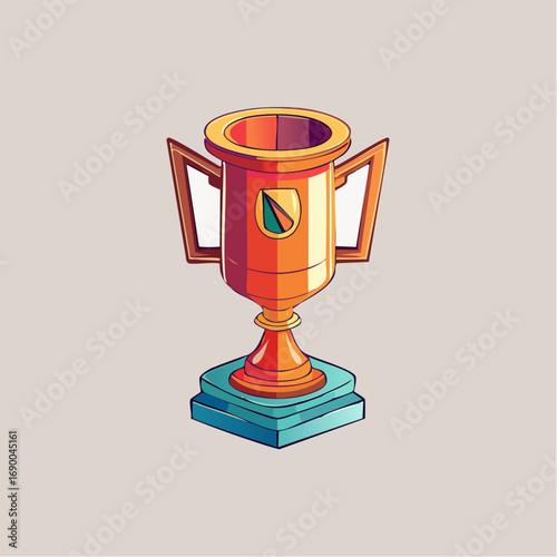 Golden trophy cup award on a pedestal, a vibrant symbol of victory and achievement. Stylized vector illustration for competition or success