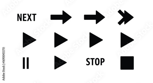 A set of black user interface icons for media control and navigation, including play, pause, stop, and next arrows.