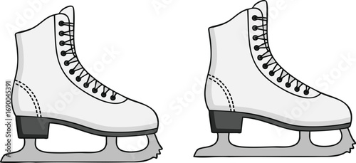 Pair of white ice skates sitting side by side, ready for winter fun and figure skating on a frozen pond, evoking a sense of winter sport excitement.