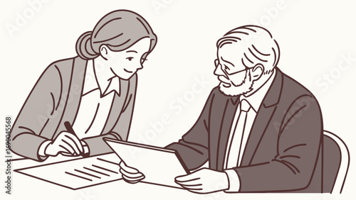 Business people reviewing documents together signing contract agreement deal office scene illustration.
