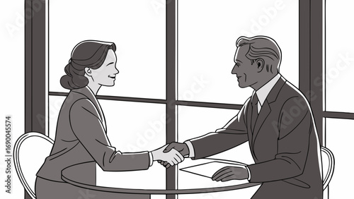 Business people shaking hands across a table by a window.