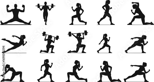 Fitness workout, exercise training, yoga, weightlifting, running, gym activity, bodybuilding, sport silhouettes, strength training, athletic lifestyle, health, wellness motivation
