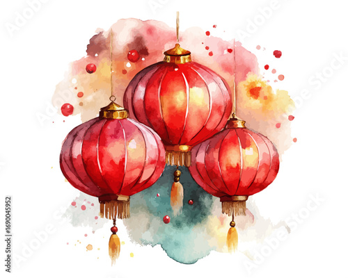 Chinese Red Lanterns Watercolor Illustration with Gold Accents