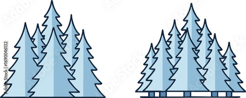 Stylized pine trees stand in groups against a white backdrop, evoking a sense of winter and nature with their simple, clean lines and cool color palette.