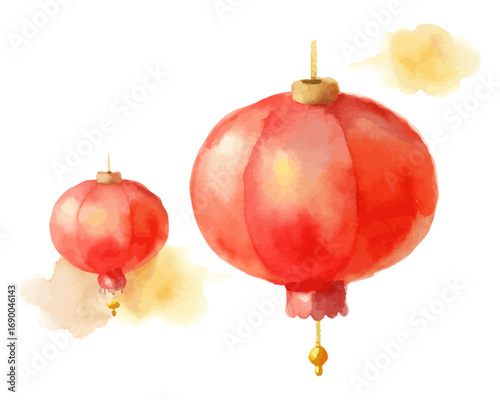 Chinese Red Lanterns Watercolor Illustration with Gold Accents