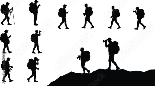 Hiking man silhouette, traveler with backpack, trekking mountain vector, outdoor adventure lifestyle, tourist walking clipart, camera photographer explorer, black illustration