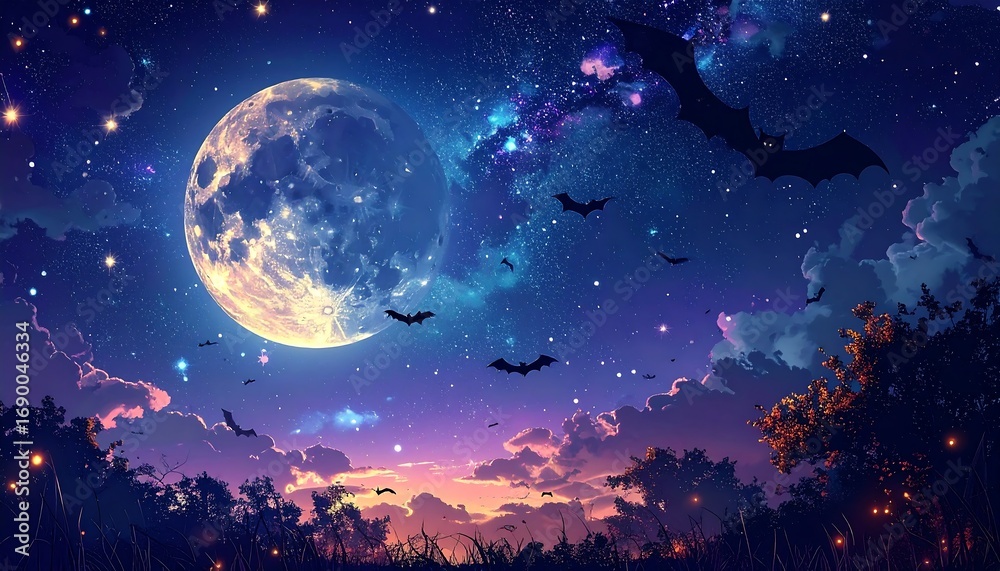 Naklejka premium Halloween Night: Bats with Moon, and Starry Sky full moon