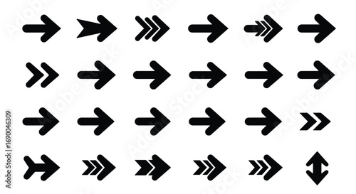 Collection of various black arrows pointing right, showcasing different designs and styles.