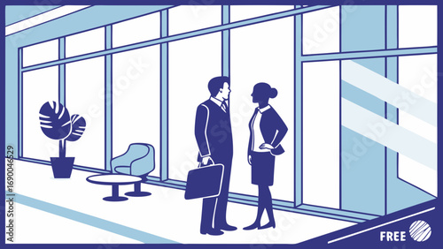 Business professionals talking in modern office lobby.