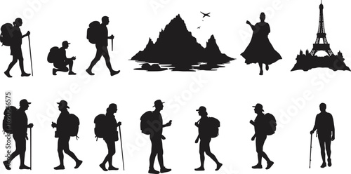 Hiking silhouette, traveler with backpack, mountain landscape vector, tourist walking stick, adventure man illustration, Eiffel Tower clipart, outdoor exploration lifestyle