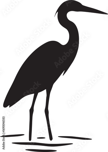 Vector silhouette of a heron standing tall in shallow water long beak and legs clean sharp edges flat minimalist vector white background