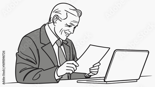 Businessman reviewing documents at his laptop happy expression line art illustration.