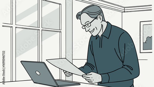 Businessman reviewing documents at his laptop indoors near window.