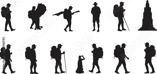 Hiking silhouette, traveler with backpack, outdoor trekking vector, adventure lifestyle illustration, tourist walking clipart, exploration journey, black travel man, monument