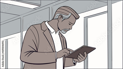 Businessman using tablet in office corridor digital device modern professional corporate illustration man working.