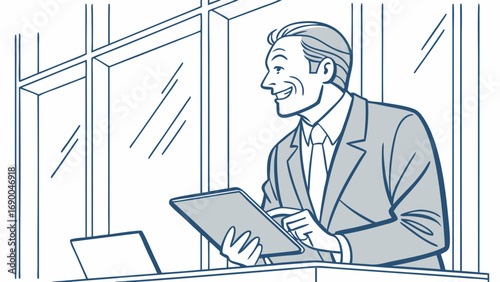 Businessman using tablet near window professional office technology digital device modern illustration graphic drawing sketch design corporate success confident happy work workplace communication con.