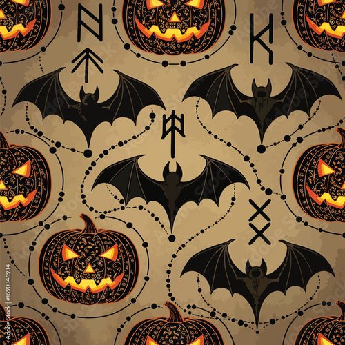 Halloween seamless pattern with pumpkins, bats and runes for festive designs, patern seamless, royalty stock.