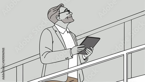 Businessman using tablet on stairs thoughtful expression modern illustration vector art.