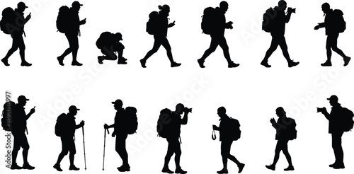 Hiking silhouette, traveler with backpack, outdoor trekking vector, adventure lifestyle illustration, tourist walking clipart, exploration journey, camera photographer man, black