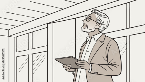 Businessman with tablet looking up modern interior vector illustration.