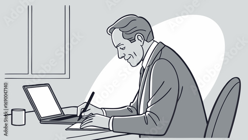 Businessman working at desk with laptop writing notes planning design office worker professional serious concentrated grayscale illustration sketch drawing elegant stylish modern simple minimalist ve.