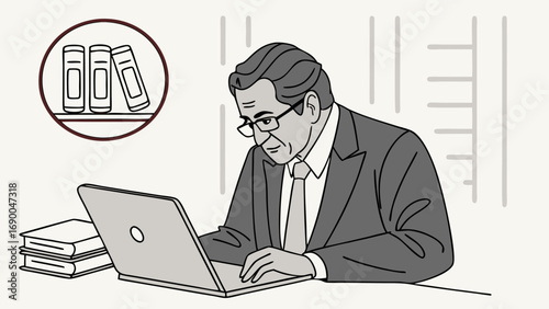 Businessman working on laptop computer office study books professional adult man grayscale illustration design vector concentrated focused serious working occupation job employee desk workplace techn.
