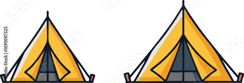 Two yellow camping tents stand side by side, one larger than the other, suggesting family camping trip or outdoor adventure, evoking a sense of wanderlust.