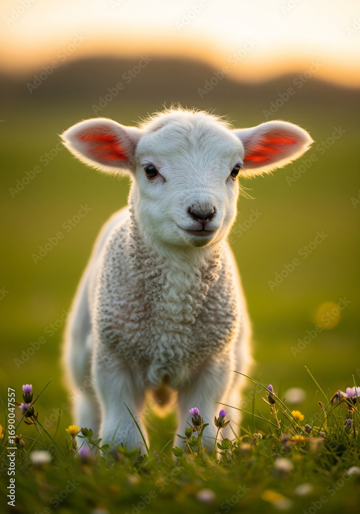 Obraz premium Cute baby lamb images, green grass 