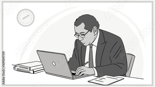 Businessman working on laptop office illustration grayscale professional desk documents work computer technology serious concentrated businessman at work office worker laptop computer business profes.