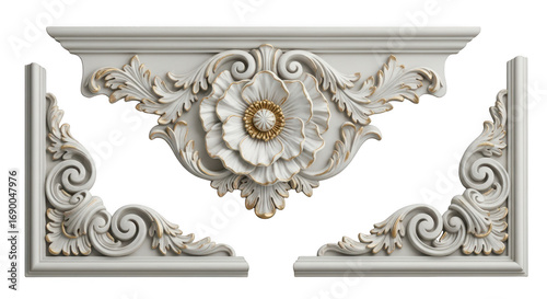 Elegant white decorative architectural element with floral motif and scrollwork, isolated on transparent background