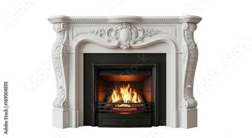 Ornate white marble fireplace with burning fire isolated on transparent background