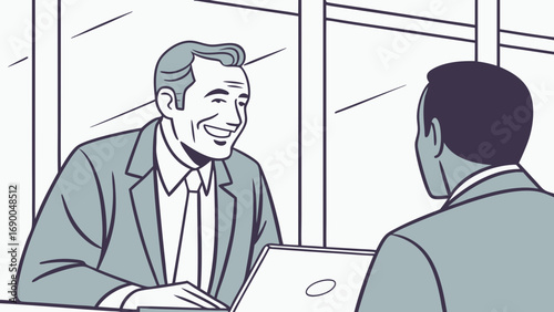 Businessmen Meeting Professional Discussion Office Illustration Corporate Communication Laptop Suit Interview Job Application Consultation Partnership Deal Agreement Teamwork Collaboration People Col.