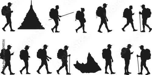 Hiking silhouette, traveler with backpack, trekking outdoor man, mountain adventure vector, tourist walking clipart, exploration lifestyle, black travel illustration, journey