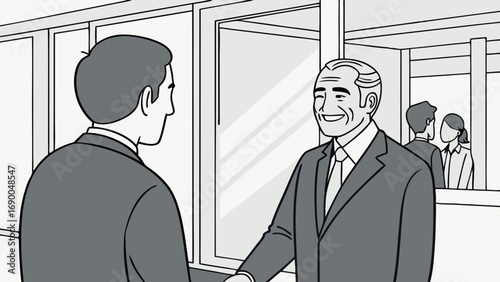 Businessmen shaking hands corporate meeting office handshake professional deal partnership agreement collaboration success teamwork contract negotiation businesspeople office workers colleagues profe.