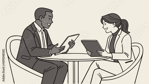 Businesspeople Meeting Colleagues Discussing Project Modern Workplace Collaboration Tablet Devices Professional Teamwork Office Discussion Business Strategy Digital Technology Corporate Meeting Profe.
