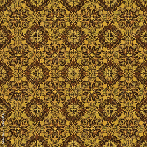 Intricate brown and gold ornamental pattern with floral and geometric elements, seamless pattern, Stock royalty free image.