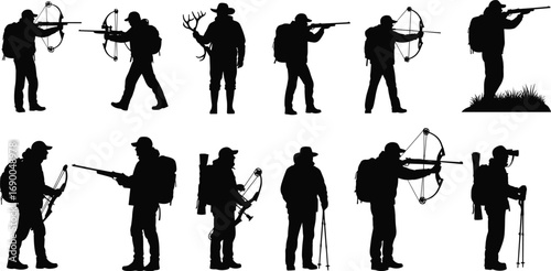 Hunter silhouette with rifle, bow, deer antlers, outdoor hunting, adventure lifestyle, wilderness survival, shooting sport, wildlife exploration, forest nature