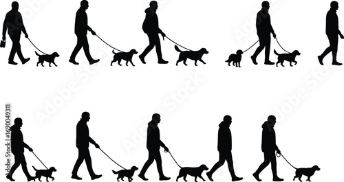 Man walking dog silhouette, people with pets, outdoor activity illustration, black silhouette design, pet owner lifestyle, walking dog vector art