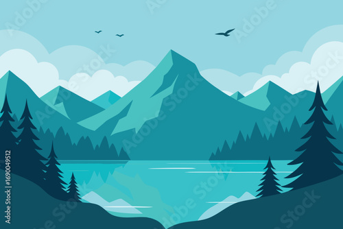 Flat Landscape Featuring Mountains, Lake, Pine Trees, Birds, and Cloudy Sky