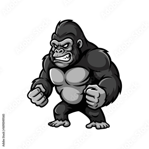 Fierce gorilla mascot posing powerfully with intense expression, ready for action