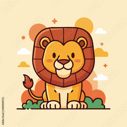 Adorable cartoon lion king sits majestically in a vibrant, sunlit savanna grassland