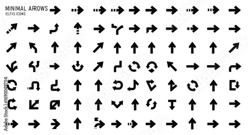 A comprehensive collection of minimal black solid arrow icons pointing in various directions on a white background.