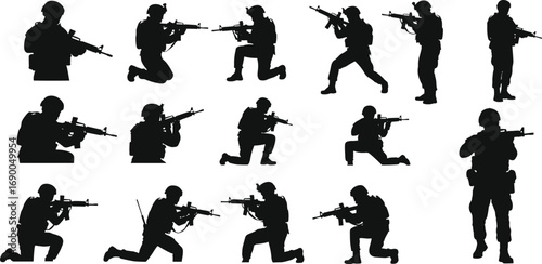 Military soldier silhouettes with rifles, army combat illustration, tactical forces, war training vector, defense, weapon, battle position, special operations