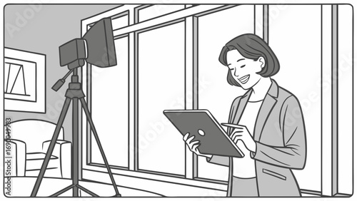 Businesswoman using tablet tripod and light setup for online video conference or presentation.