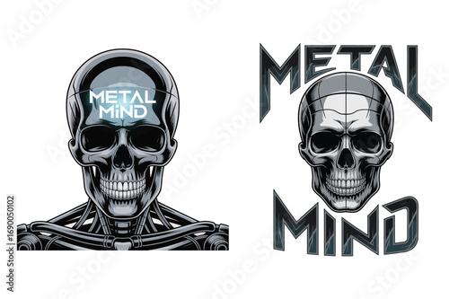 Robotic skull with metallic text mechanical cyborg