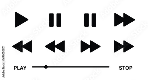 A set of black media player control icons for audio and video playback, including play, pause, skip, and a progress bar.