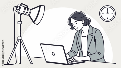 Businesswoman working on laptop under studio lighting.